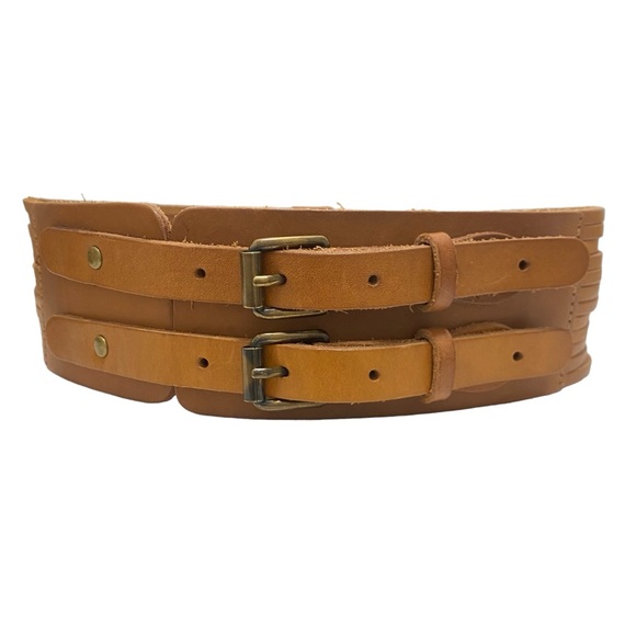 J. Crew Boho Genuine Leather Tan/Amber Belt Size Small Double Buckle Style - Picture 1 of 13